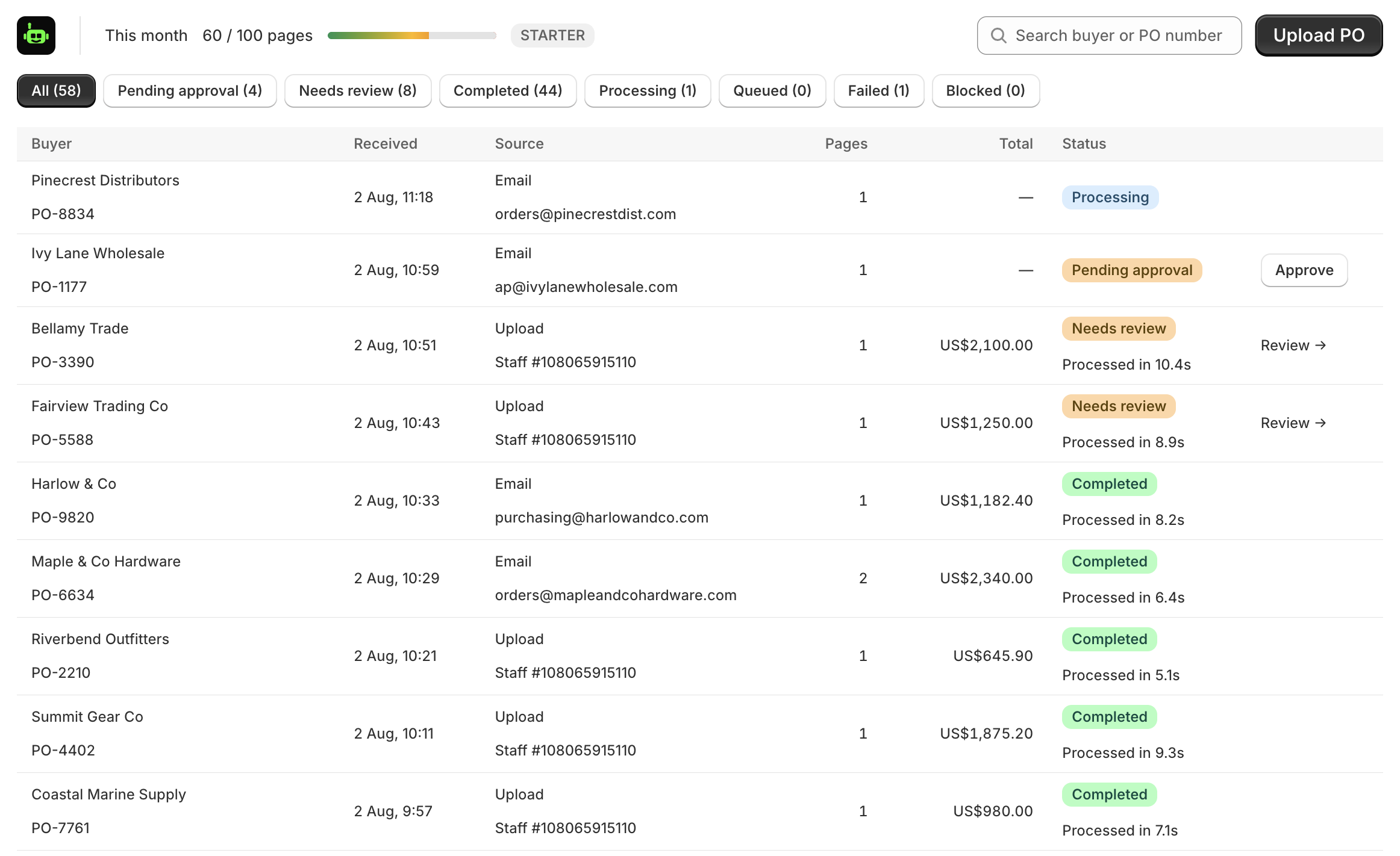 AutoPO's AI Inbox, showing purchase orders at different stages of processing